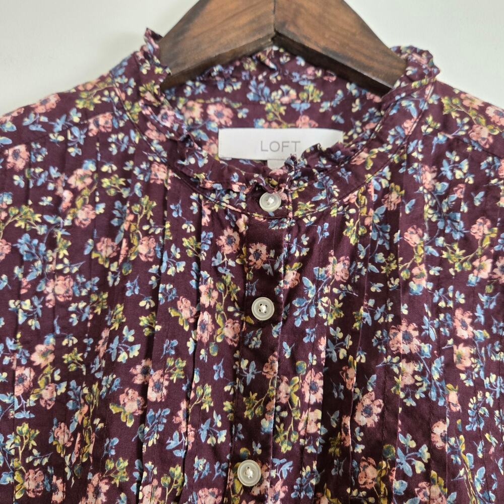 Loft Floral Mockneck Button Up Shirt Purple Multi XS - Picture 7 of 11